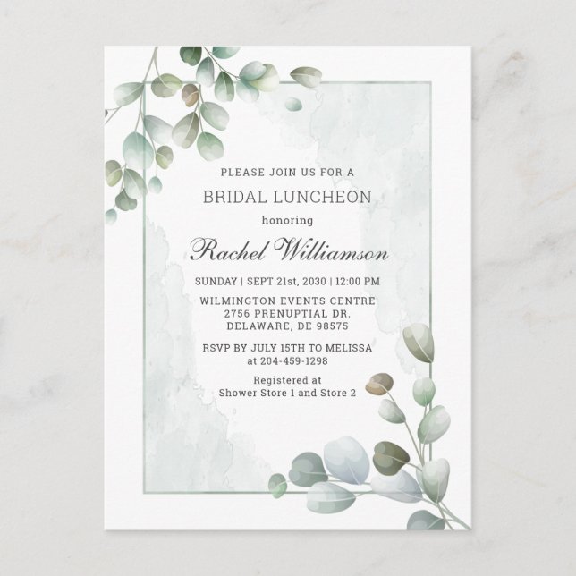 Bridal Luncheon Eucalyptus Greenery Watercolor Invitation Postcard (Front)