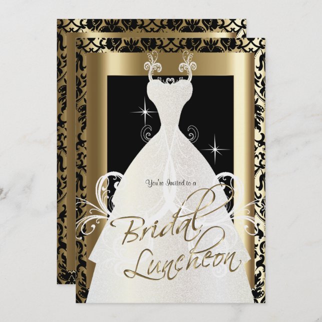 Bridal Luncheon in Black Damask & Metallic Gold Invitation (Front/Back)