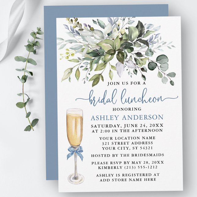Bridal Luncheon Watercolor Greenery Dusty Blue Bow Invitation (Customize to change your personalized text color, text style or color of back of card.)