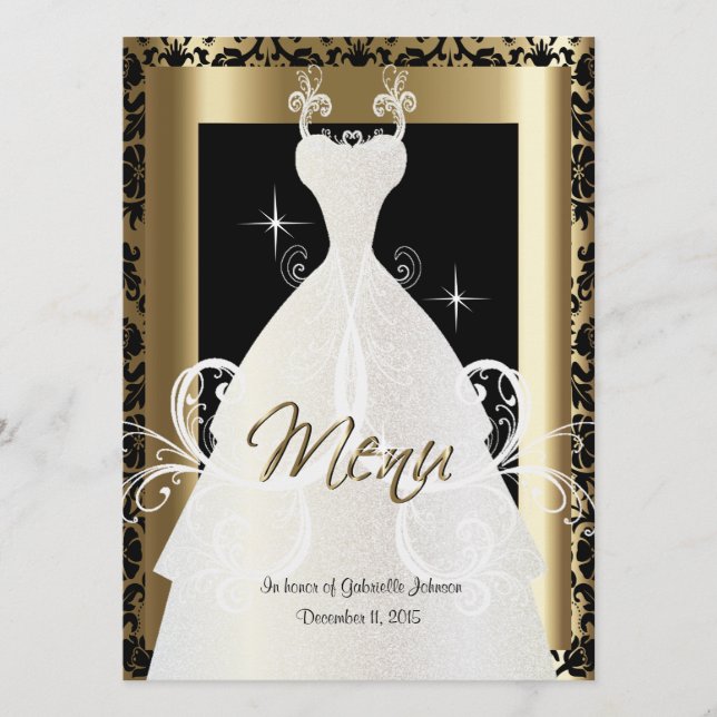 Bridal Menu in Gold & Black Damask (Front)