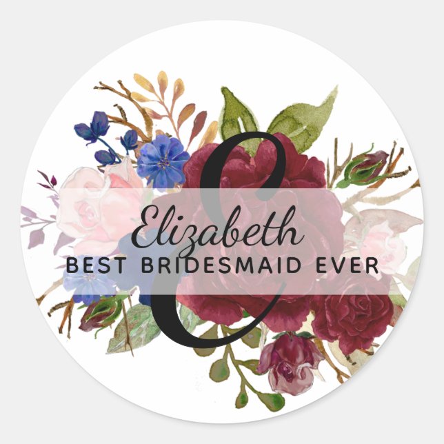 Bridal Party Bridesmaids Gift Burgundy Blue Named Classic Round Sticker (Front)