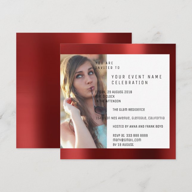 Bridal Party Foto Geometry Red Ruby Metallic Invitation (Front/Back)