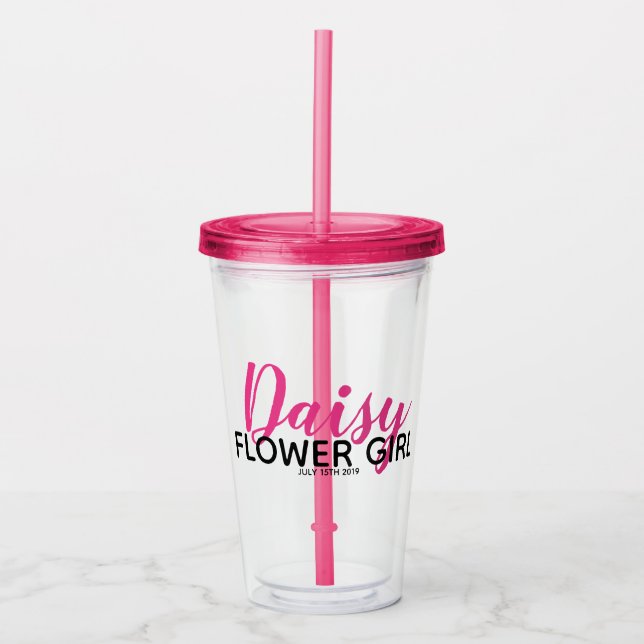Bridal Party Gift Pink Flower Girl Water Bottle Acrylic Tumbler (Front)