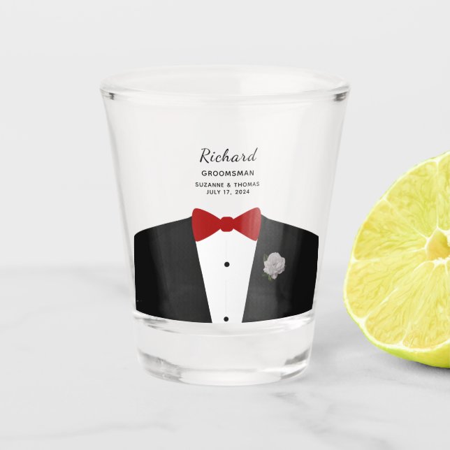 Bridal Party Groomsman Red Tie Shot glass (Front)