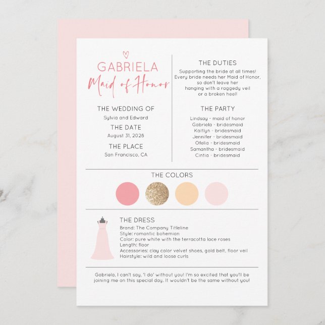 Bridal Party Maid of Honour Proposal & Information (Front/Back)