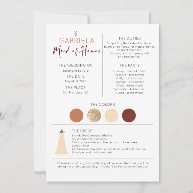 Bridal Party Maid of Honour Proposal & Information (Front)