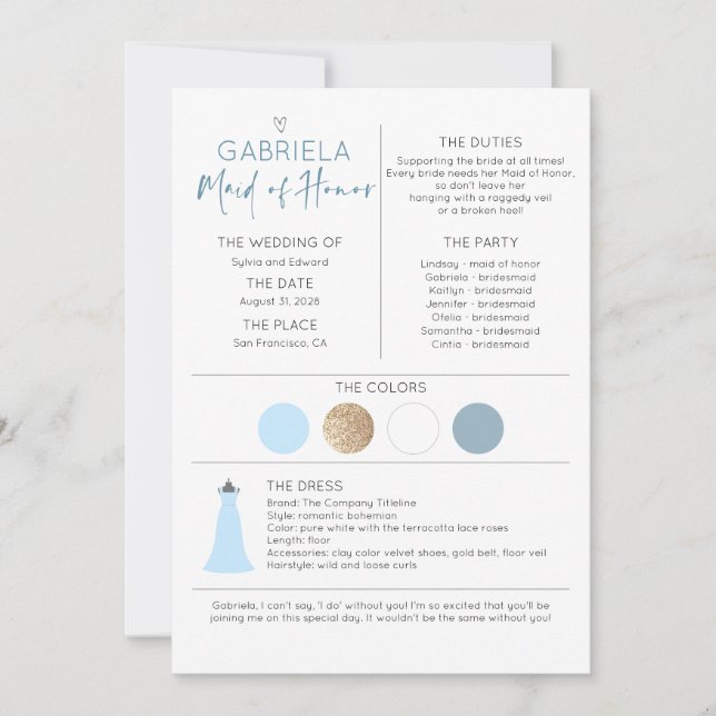 Bridal Party Maid of Honour Proposal & Information (Front)