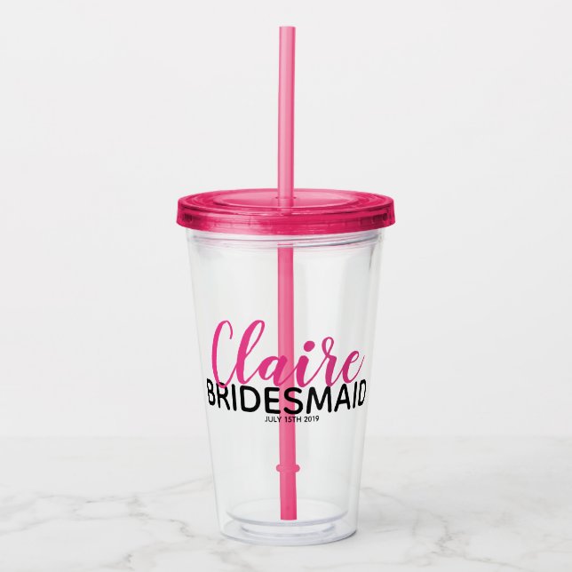Bridal Party Pink Bridesmaid Name On Drink Bottle Acrylic Tumbler (Front)