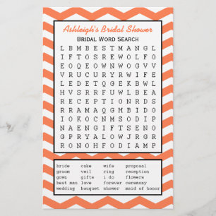 Bridal Party Shower Word Search Game - Coral