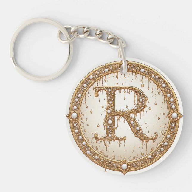 Bridal Pearl Monogram R Initial Gift Idea Key Ring (Front)