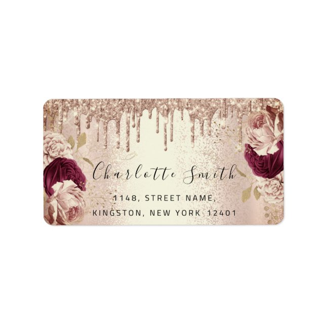 Bridal RSVP Wedding Drips Floral Rose Marsala Glam Label (Front)