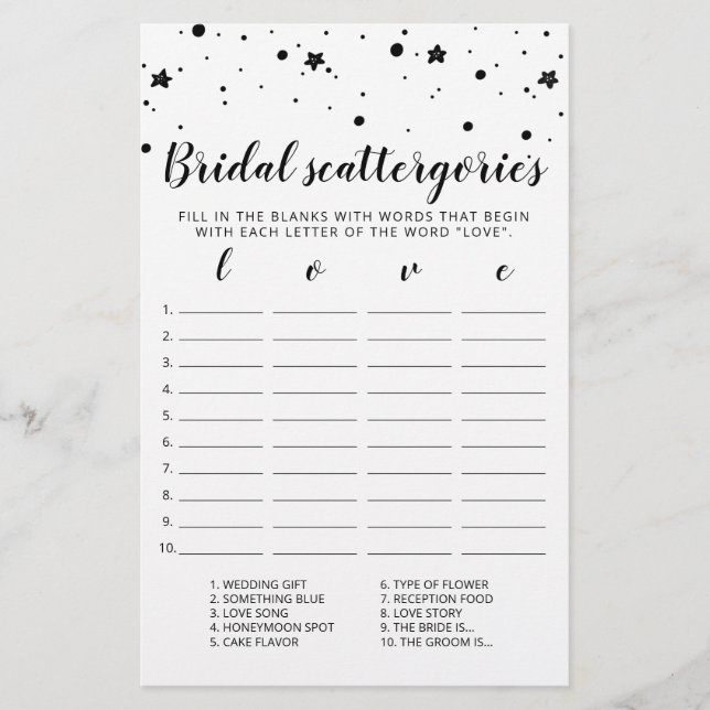 Bridal Scattergories editable game Bridal Shower (Front)