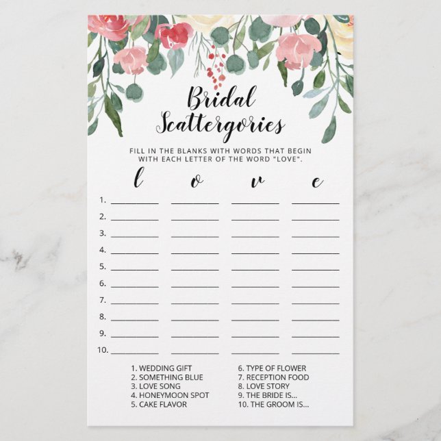 Bridal Scattergories editable game Bridal Shower (Front)