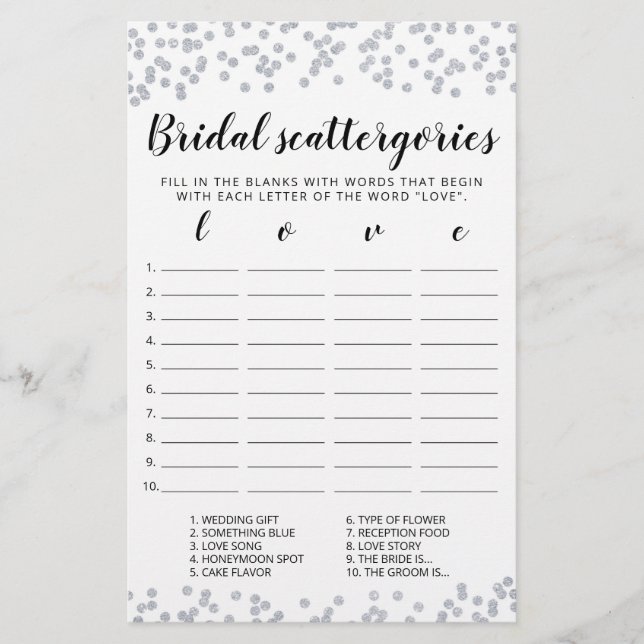 Bridal Scattergories editable game Bridal Shower (Front)