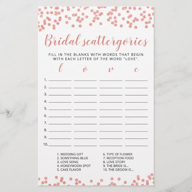 Bridal Scattergories editable game Bridal Shower (Front)