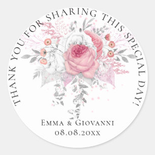 Bridal Shower 16th Thank Floral White Pink Wreath Classic Round Sticker