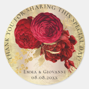 Bridal Shower 16th Thank Red Roses Gold Wreath Classic Round Sticker