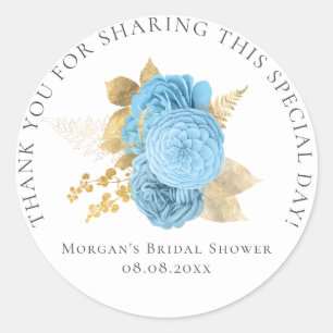 Bridal  Shower 16th Thank Roses Blue Gold Floral Classic Round Sticker