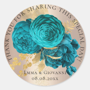 Bridal  Shower 16th Thank Teal Gold  Rose Flowers Classic Round Sticker