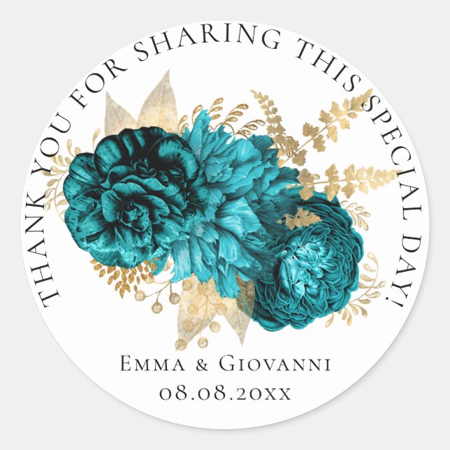 Bridal  Shower 16th Thank Teal Roses Gold Wreath   Classic Round Sticker (Front)