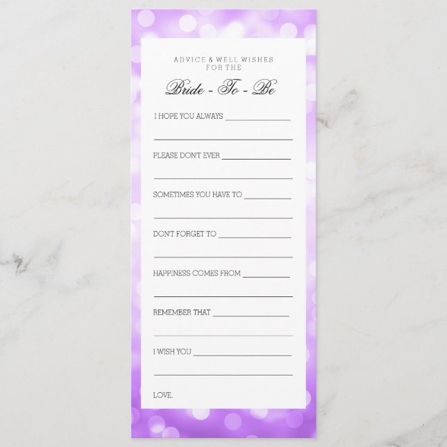 Bridal Shower Advice Cards Purple Glitter Lights (Front)