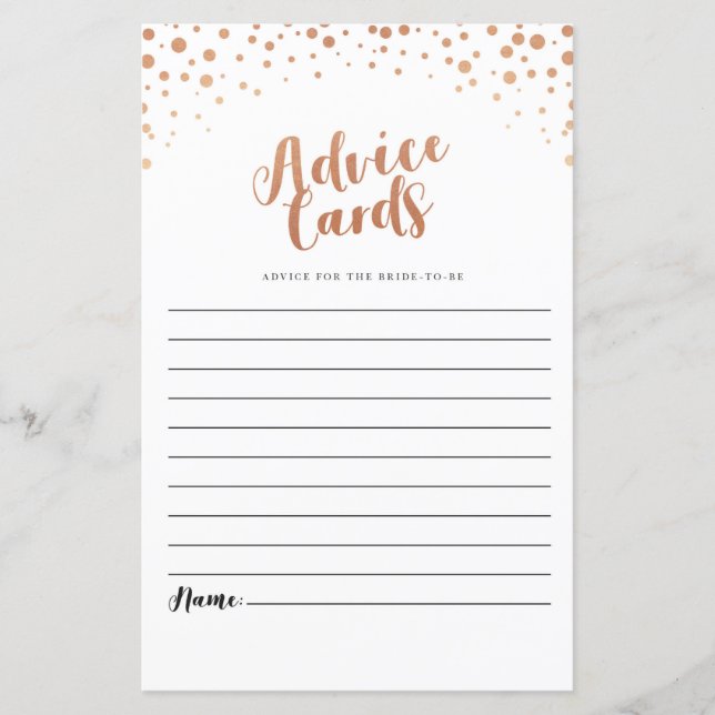 Bridal Shower Advice Cards Rose Gold Confetti Game (Front)