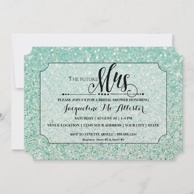 Bridal Shower Aqua Glitter Future Mrs. Ticket Invitation (Front)