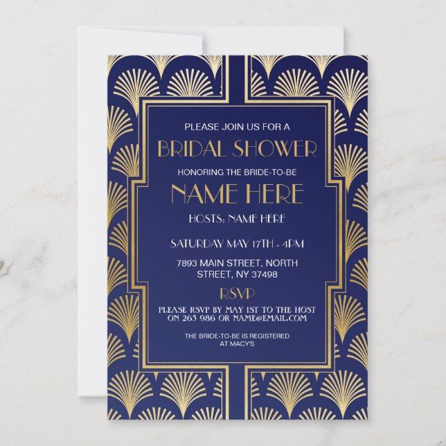 Bridal Shower Art Deco 1920's Navy and Gold Party Invitation (Front)