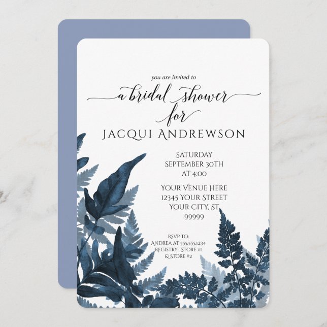 Bridal Shower Azure Blue Fern Foliage Botanical Invitation (Front/Back)