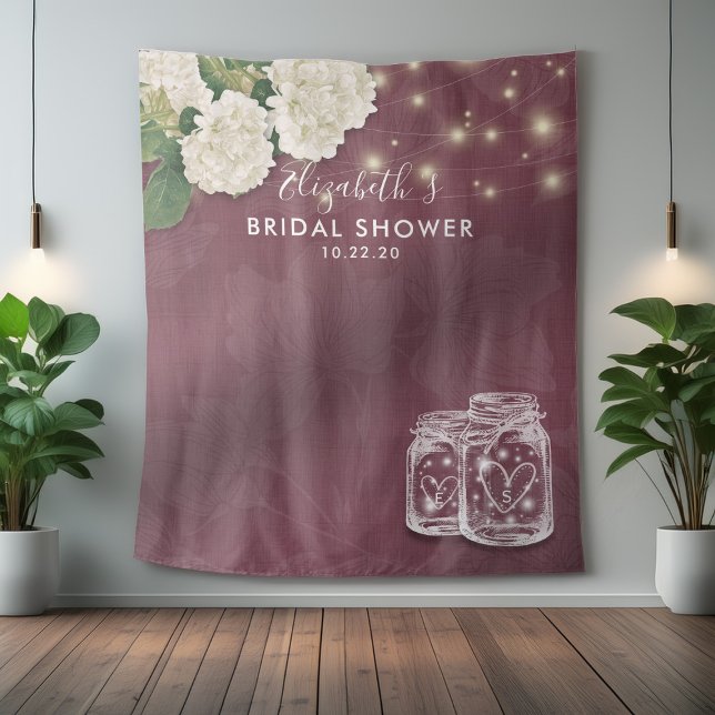 Bridal Shower Backdrop Mason Jars Hydrangea Lights Tapestry (Creator Uploaded)