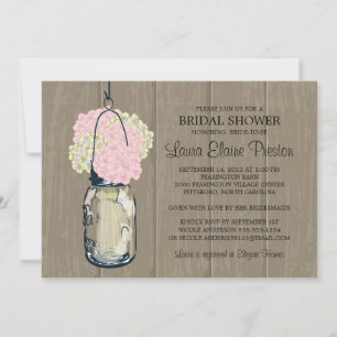 Bridal Shower Barn Wood Mason Jar Hydrangeas Invitation