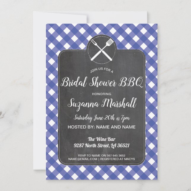 Bridal Shower BBQ Invite Blue Gingham Chalk (Front)