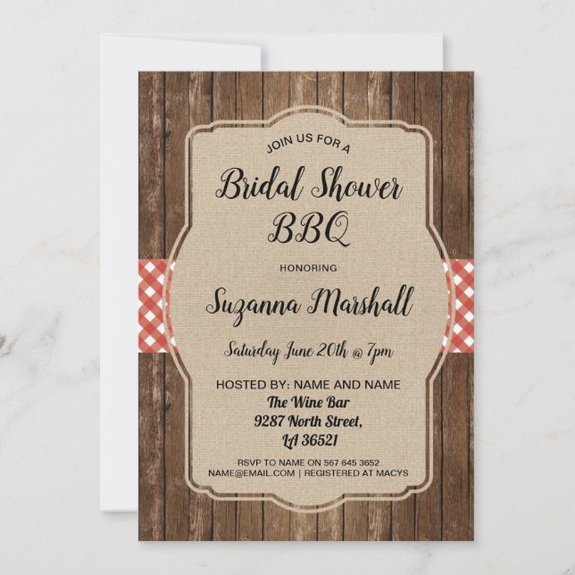 Bridal Shower BBQ Invite Red Gingham Burlap (Front)