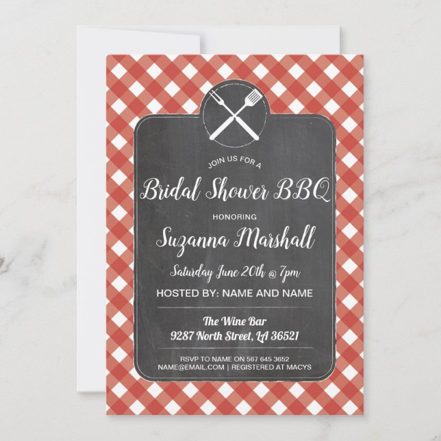 Bridal Shower BBQ Invite Red Gingham Chalk (Front)