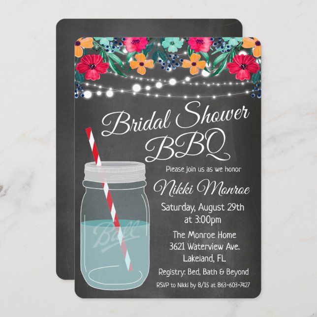 Bridal Shower BBQ Mason Jar Invitation (Front/Back)
