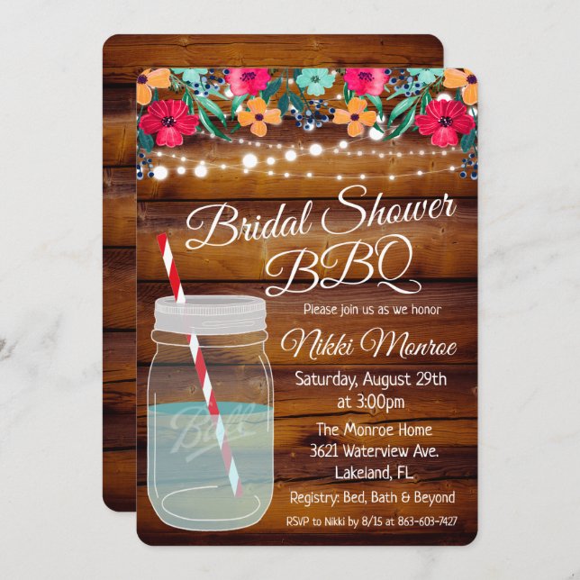 Bridal Shower BBQ Mason Jar Invitation (Front/Back)