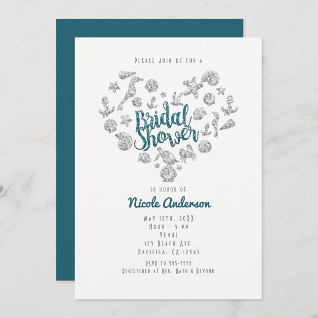 Bridal Shower Beach Glam Diamond Heart Invitations (Front/Back)