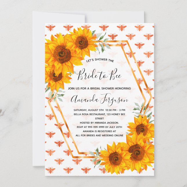 Bridal shower bees sunflowers rose gold white invitation (Front)