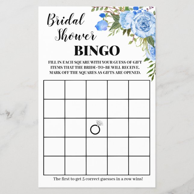 Bridal Shower Bingo Blue Flowers Game Card (Front)