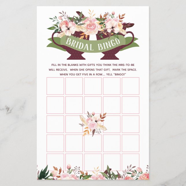 Bridal Shower Bingo, Boho Tea Party with Flowers Flyer (Front)
