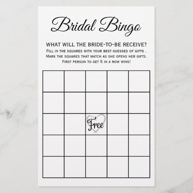 Bridal Shower Bingo Game Card (Front)