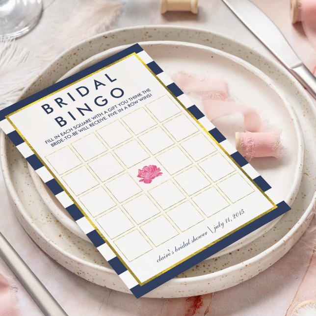 Bridal Shower Bingo Game Card | Navy Stripe Peony (Creator Uploaded)