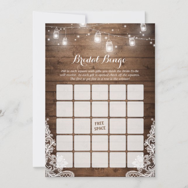 Bridal Shower Bingo Game Rustic String Lights Lace (Front)