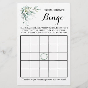 Bridal Shower Bingo Greenery Eucalyptus Game Card