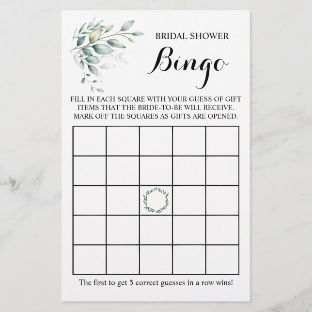Bridal Shower Bingo Greenery Eucalyptus Game Card (Front)