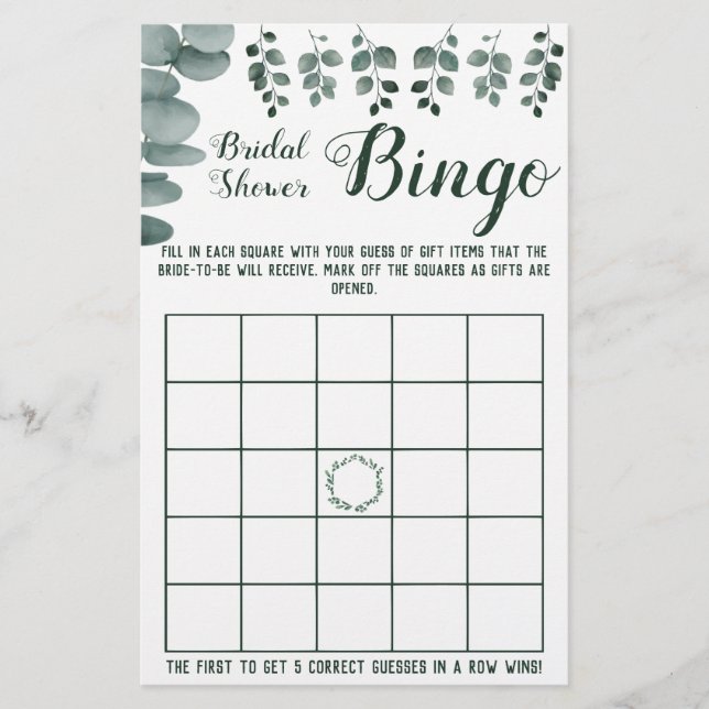 Bridal Shower Bingo Greenery Eucalyptus Game Card (Front)