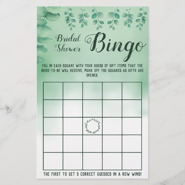 Bridal Shower Bingo Greenery Eucalyptus Game Card (Front)