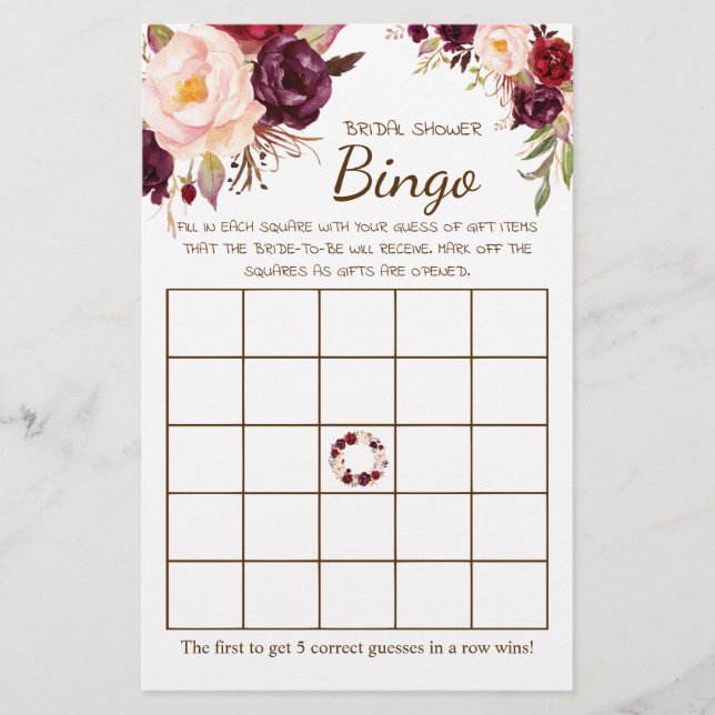 Bridal Shower Bingo Marsala Flowers Game Card (Front)