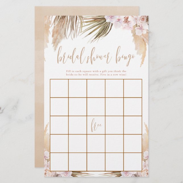 Bridal shower bingo Pampas grass boho theme (Front/Back)