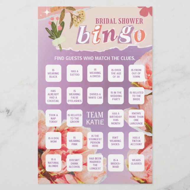 Bridal Shower Bingo Paper Game Card (Front)